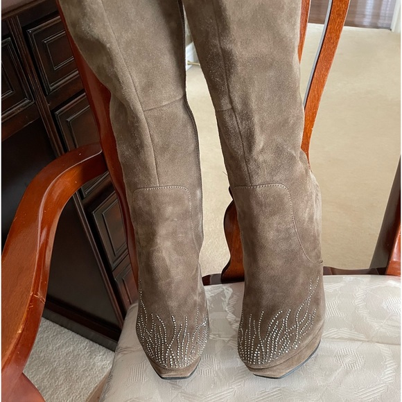 Over knee suede high heel boots, zipper, Beige with crystals, Size 35 (5) - Picture 2 of 5